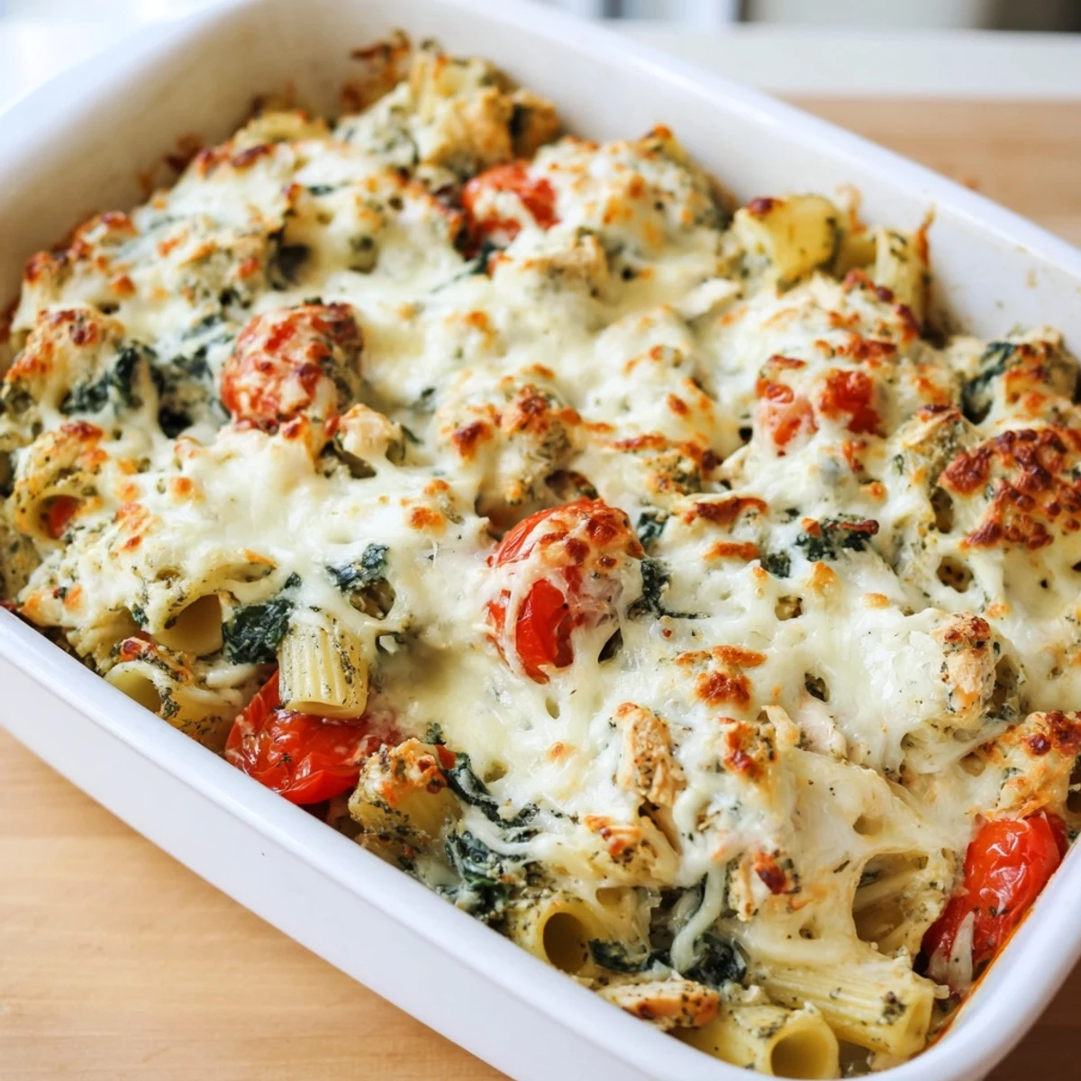 Golden cheesy creamy pesto chicken pasta bake fresh from the oven with bubbling mozzarella topping