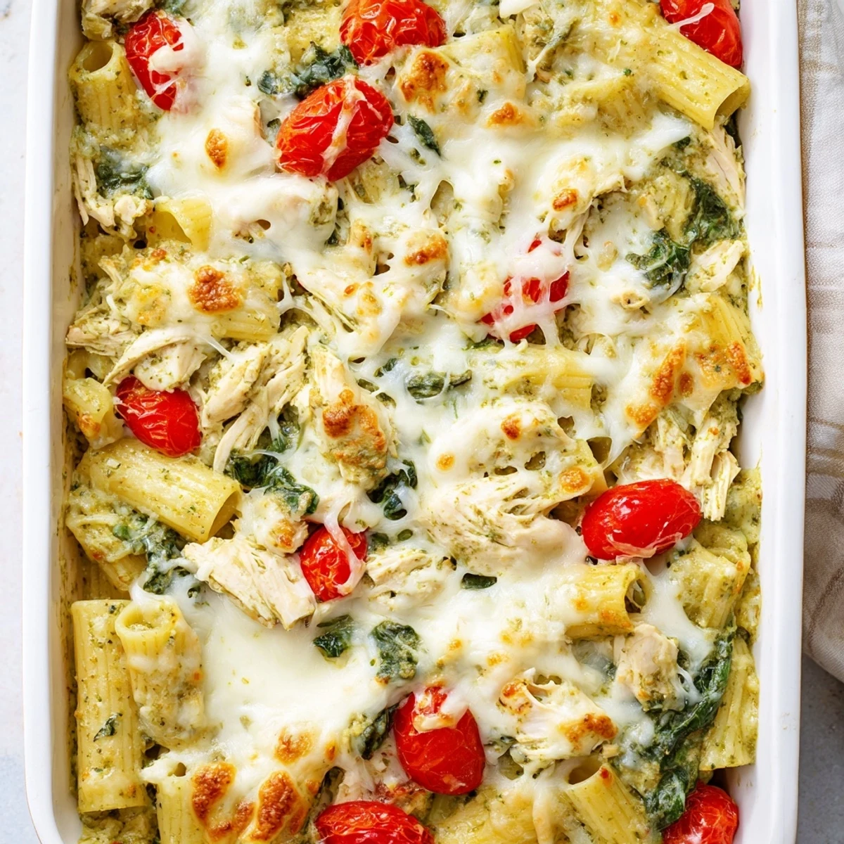 Comforting creamy pesto chicken pasta casserole with cherry tomatoes and spinach garnished with fresh basil