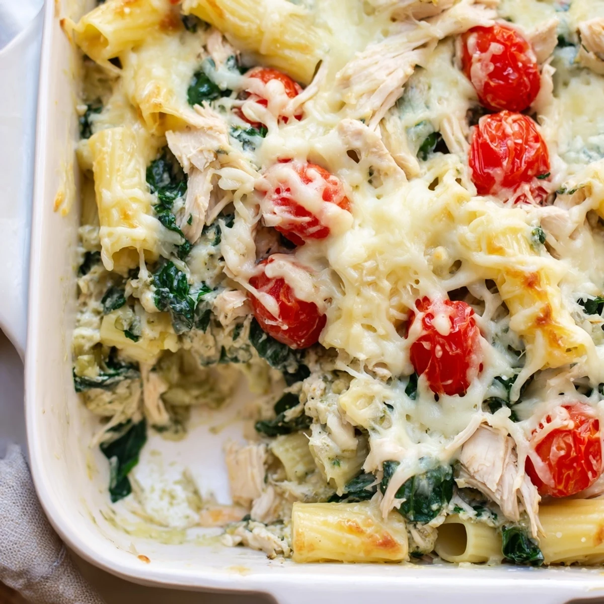 Baked pasta dish featuring tender chicken and vibrant basil pesto sauce under melted browned cheese