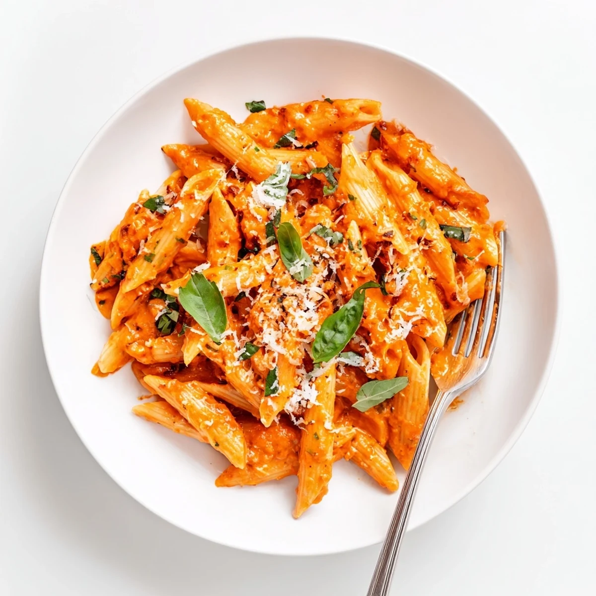 Creamy tomato garlic pasta tossed in velvety sauce with fresh basil and Parmesan