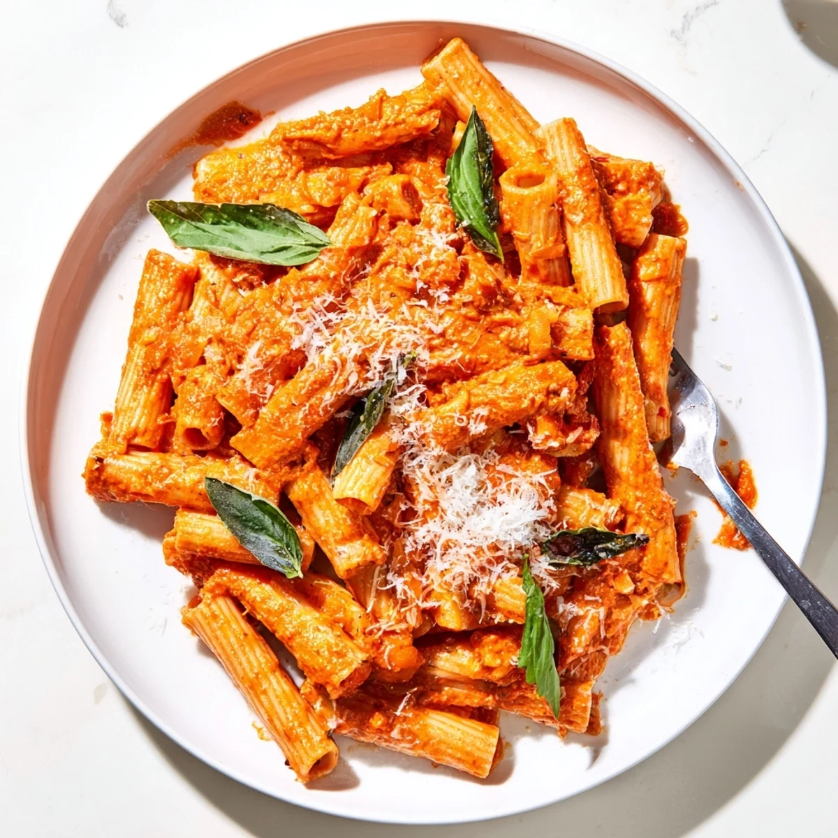 Steaming bowl of creamy tomato garlic pasta coated in rich red sauce and herbs
