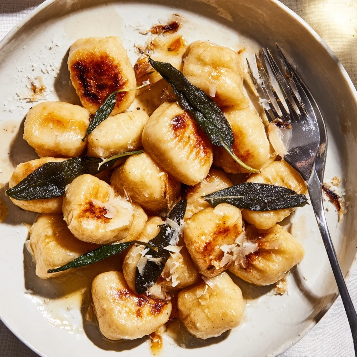 Golden brown butter sage gnocchi tossed with crispy fried sage leaves and grated Parmesan cheese