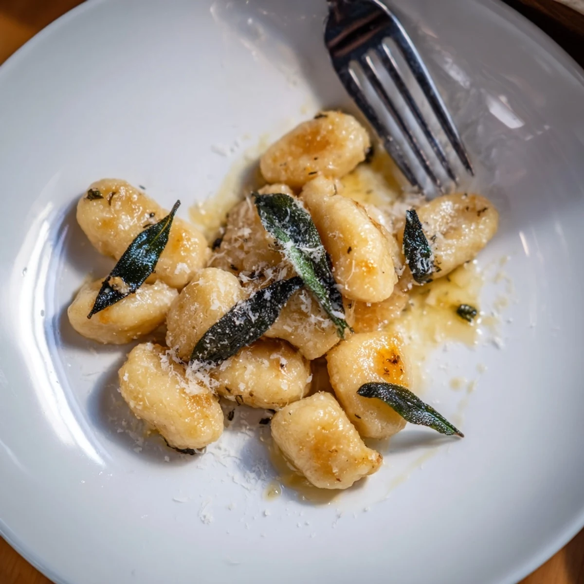 Pillowy potato gnocchi coated in nutty brown butter sauce with aromatic fresh sage garnish
