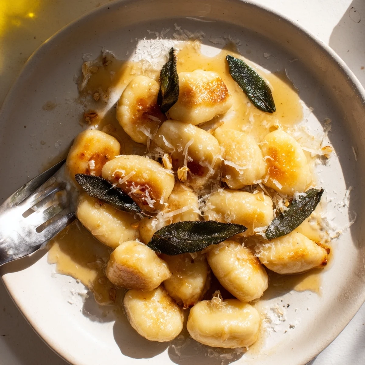 Italian brown butter sage gnocchi plated with crispy sage and Parmesan topping
