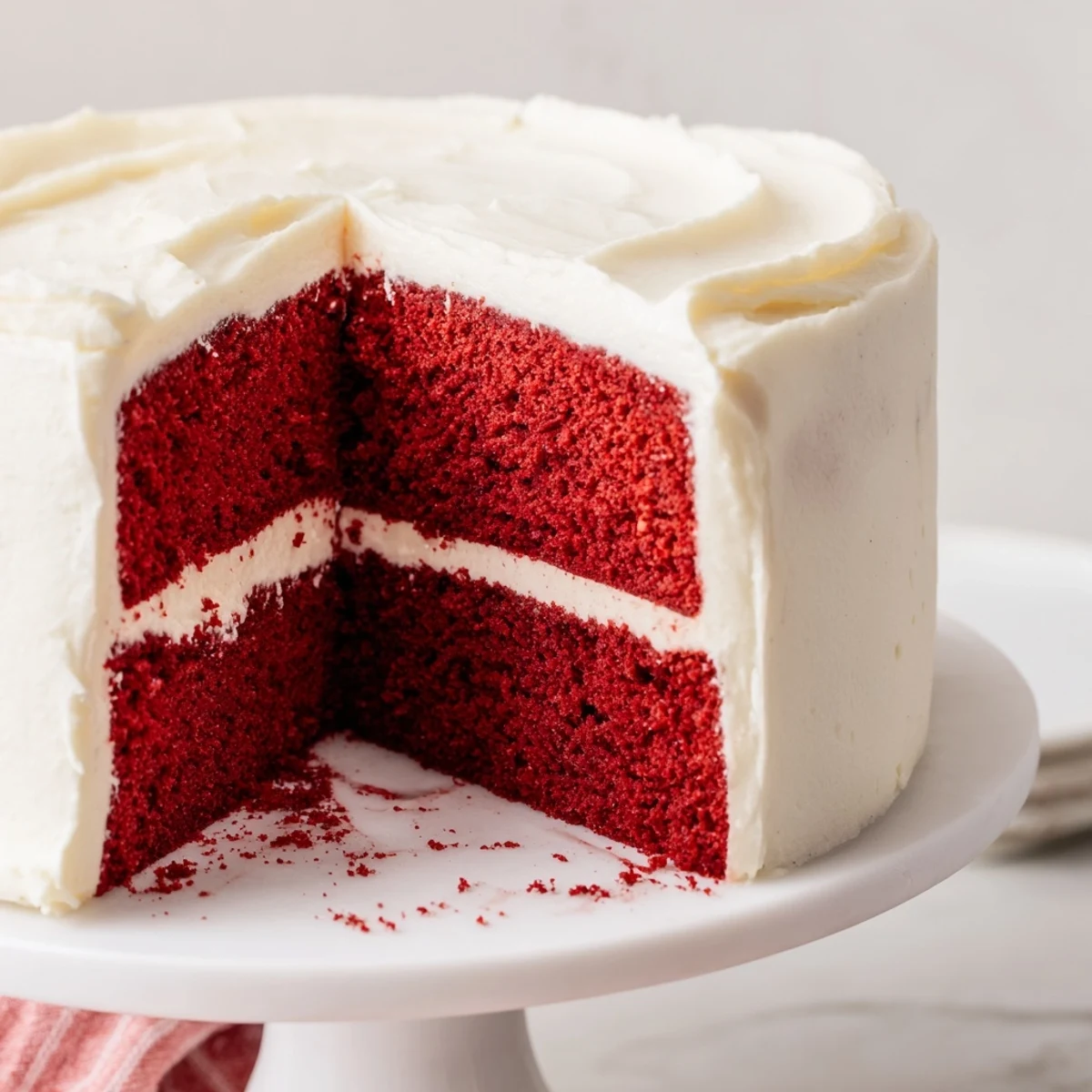 Slice of moist red velvet cake with creamy cream cheese frosting on a white plate