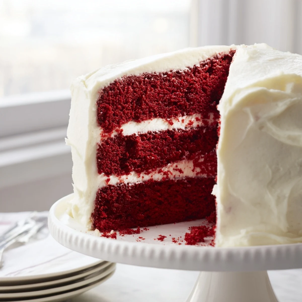 Two-layer red velvet cake recipe topped with smooth white frosting and red cake crumbs