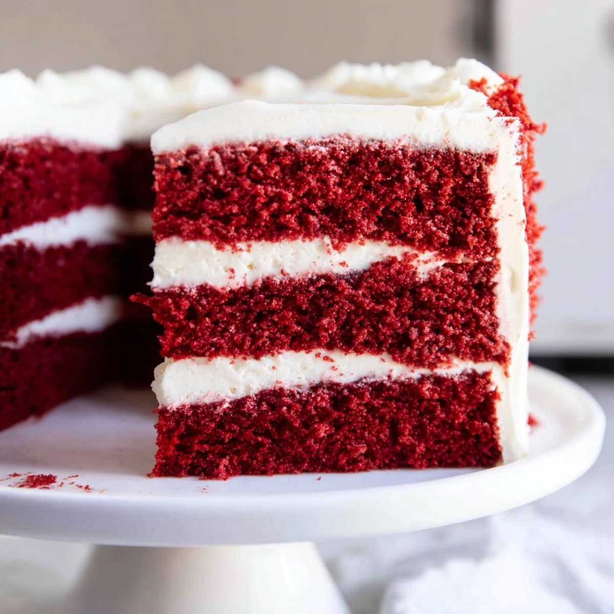 Homemade red velvet cake slice revealing tender crimson crumb with thick swirls of frosting