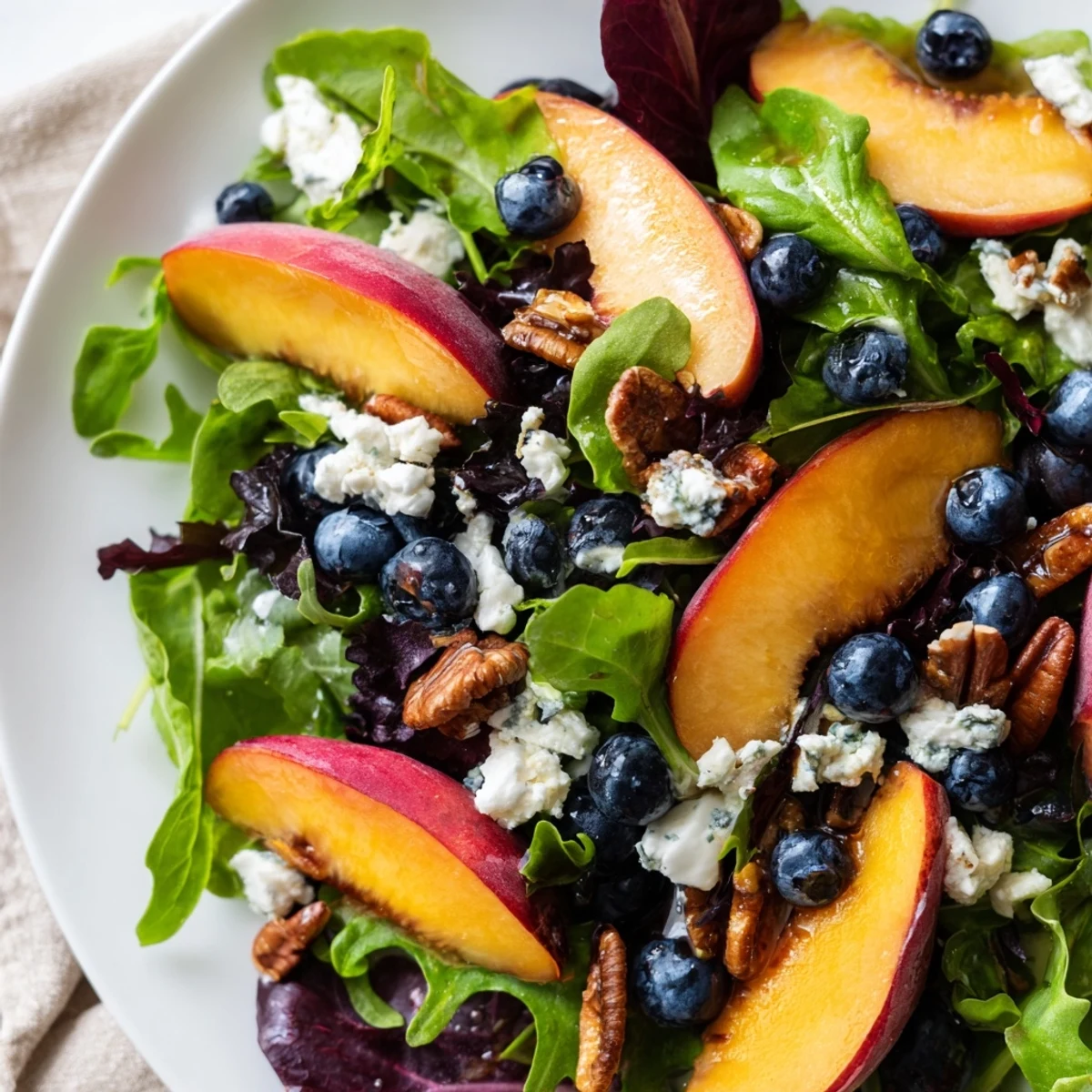 Fresh blueberry peach feta salad with ripe peaches and juicy blueberries on mixed greens