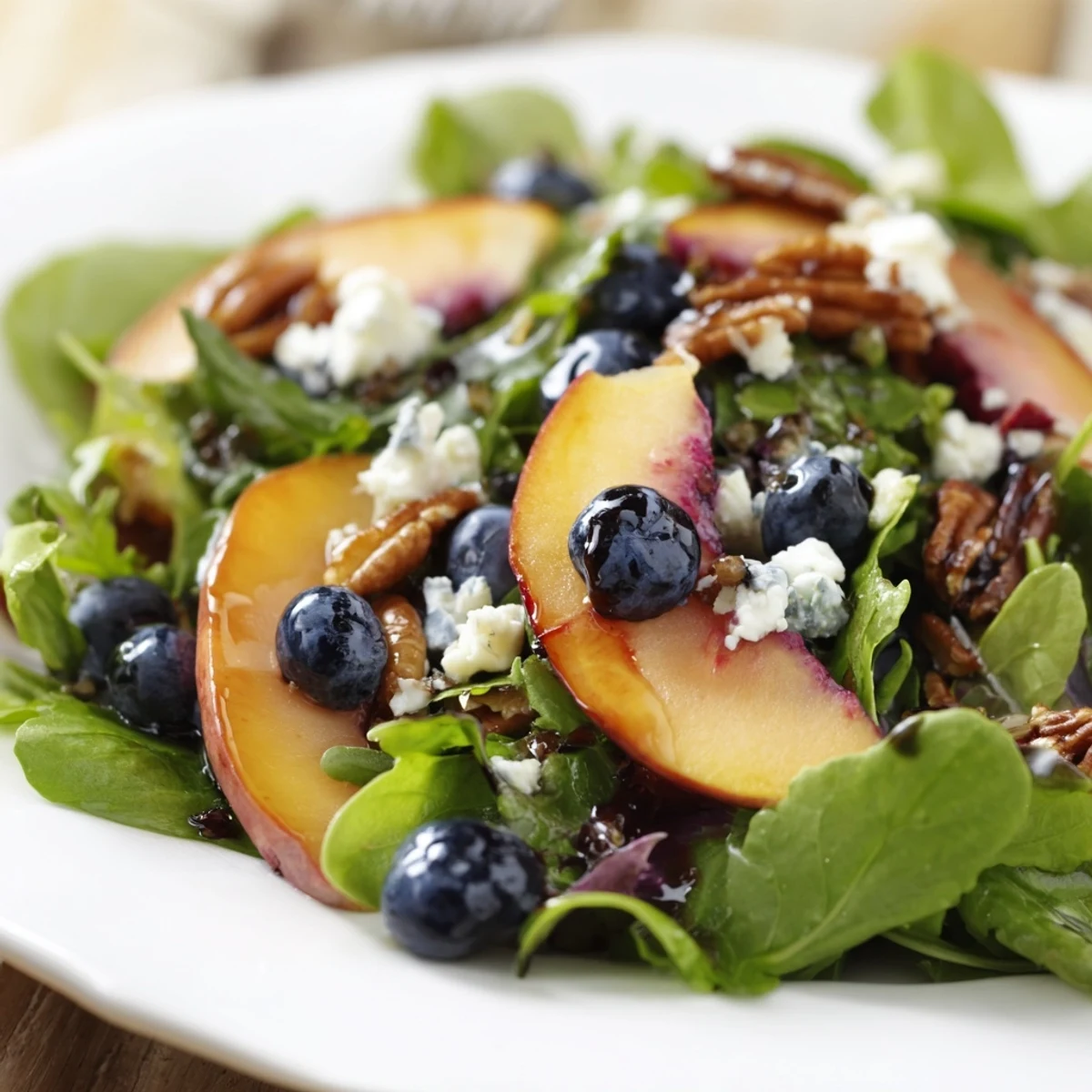 Colorful summer blueberry peach feta salad topped with creamy cheese and toasted pecans