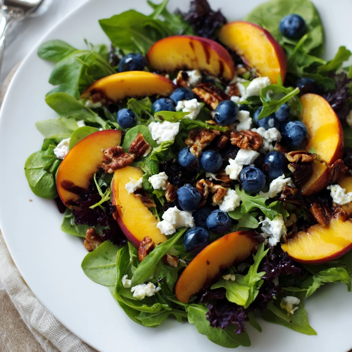 Vibrant blueberry peach feta salad in white bowl with feta crumbles and fresh fruit
