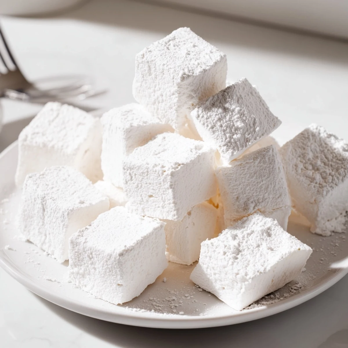 Soft white homemade marshmallow recipe dusted with powdered sugar on a marble cutting board