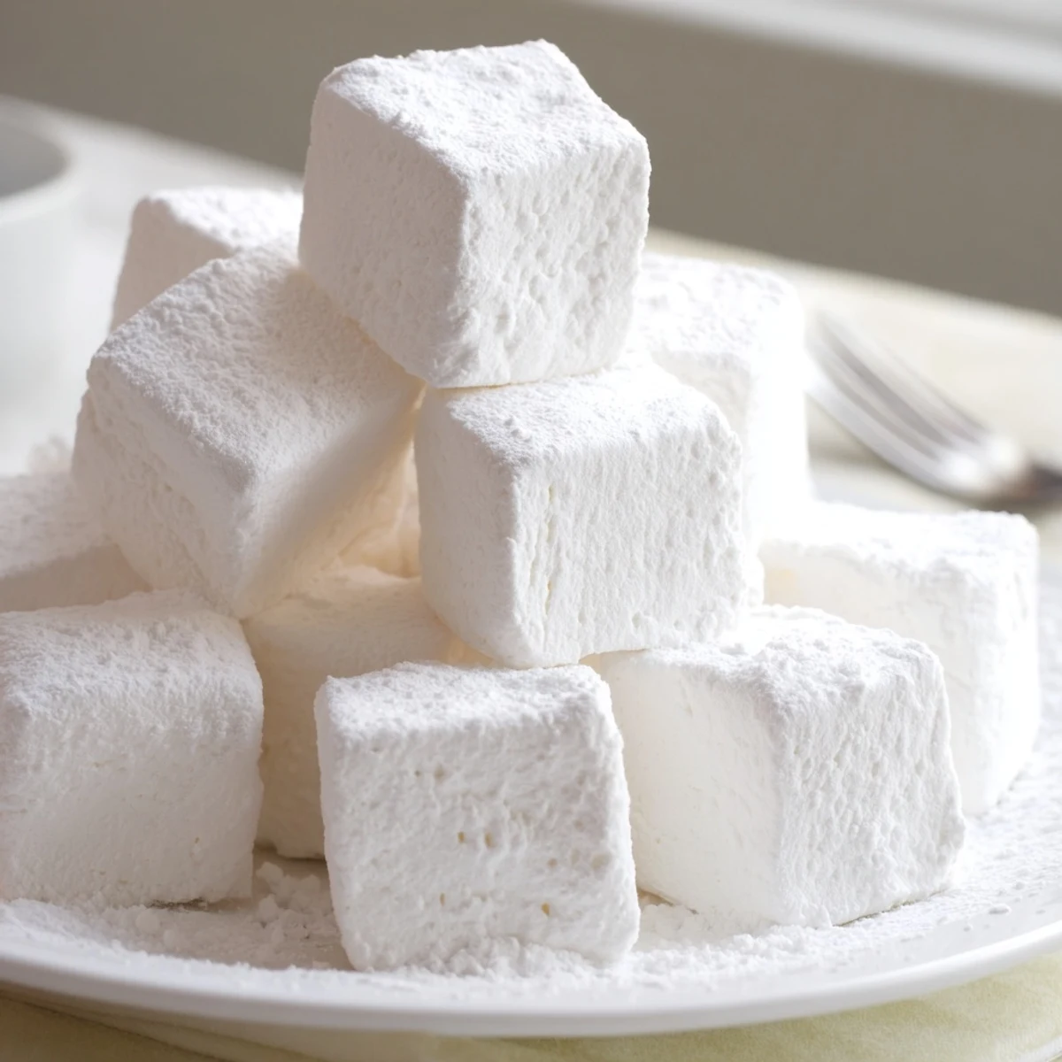 Pillowy marshmallow recipe pieces stacked high ready for hot chocolate and s'mores topping