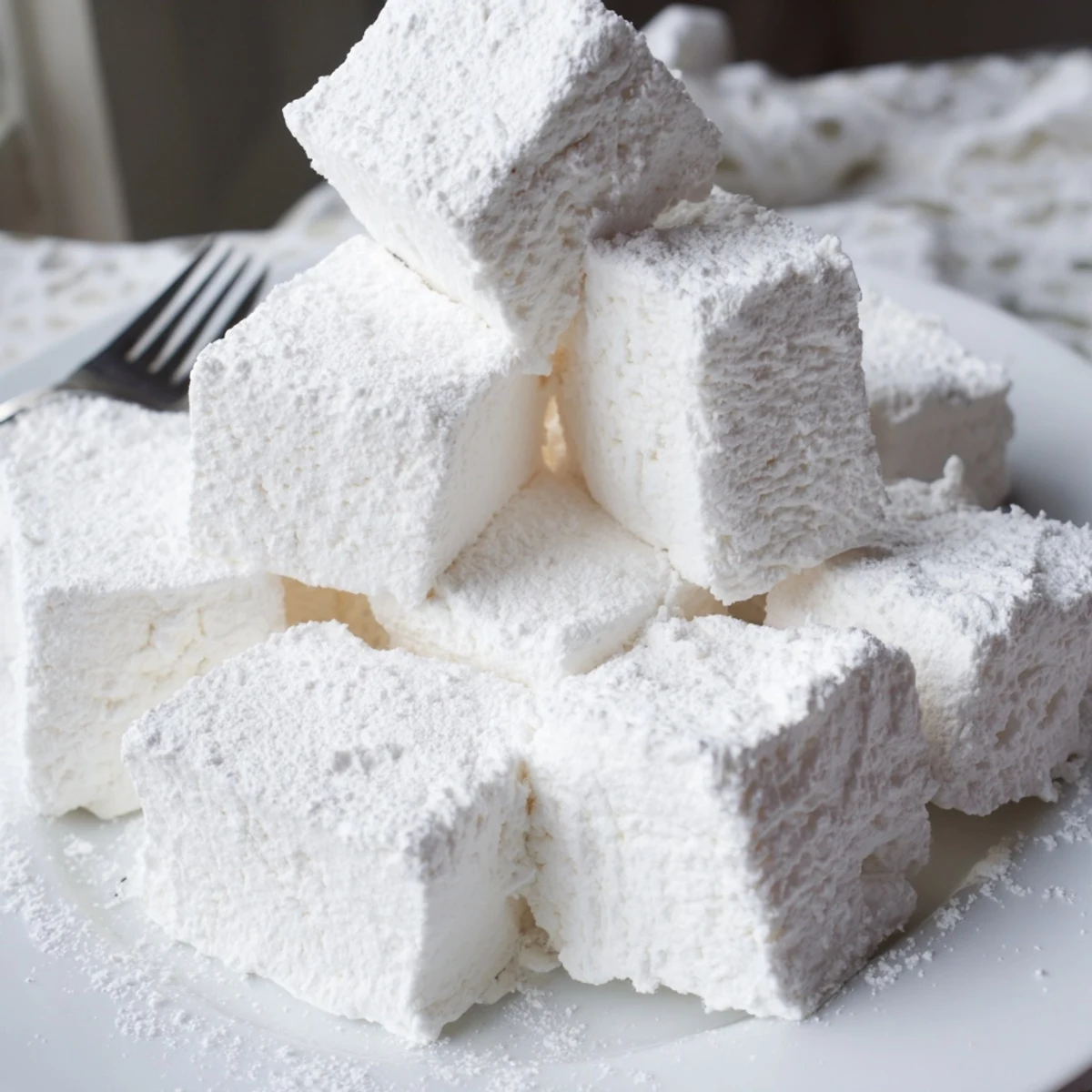 Fluffy vanilla marshmallow recipe being cut into perfect squares with a sharp knife