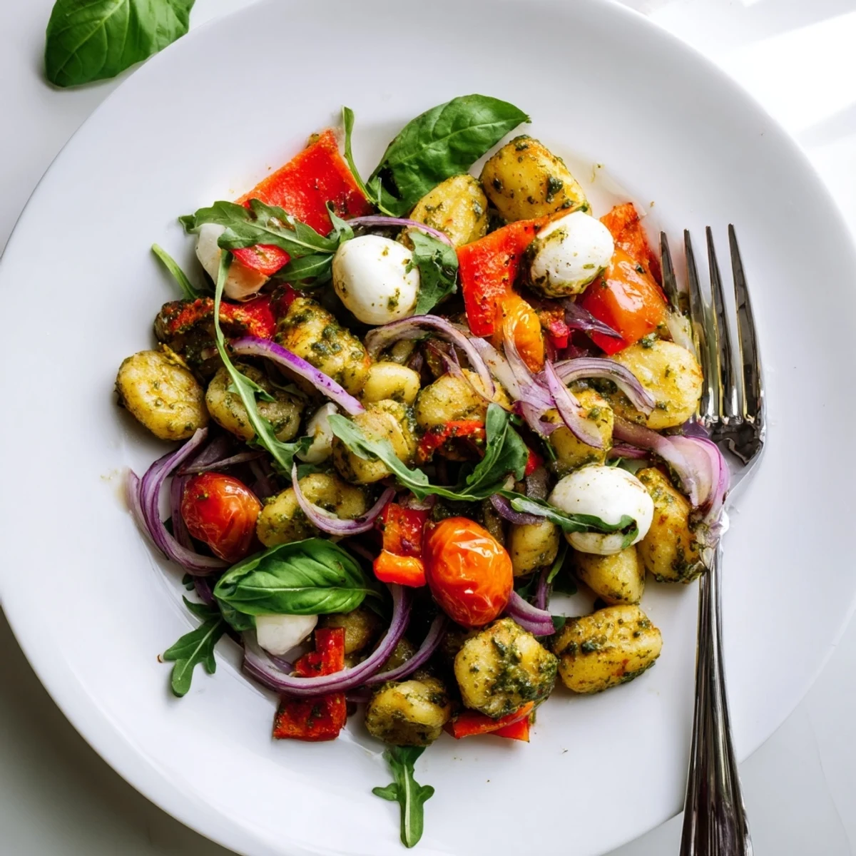 Crispy potato gnocchi tossed with zesty pesto, halved cherry tomatoes, and creamy mozzarella balls