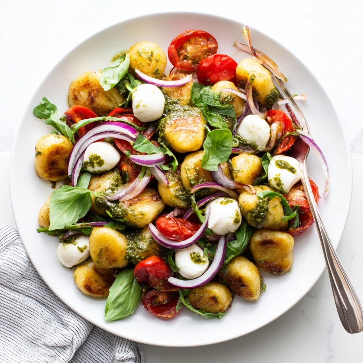 Golden roasted gnocchi salad with colorful cherry tomatoes, fresh mozzarella, and vibrant basil pesto dressing