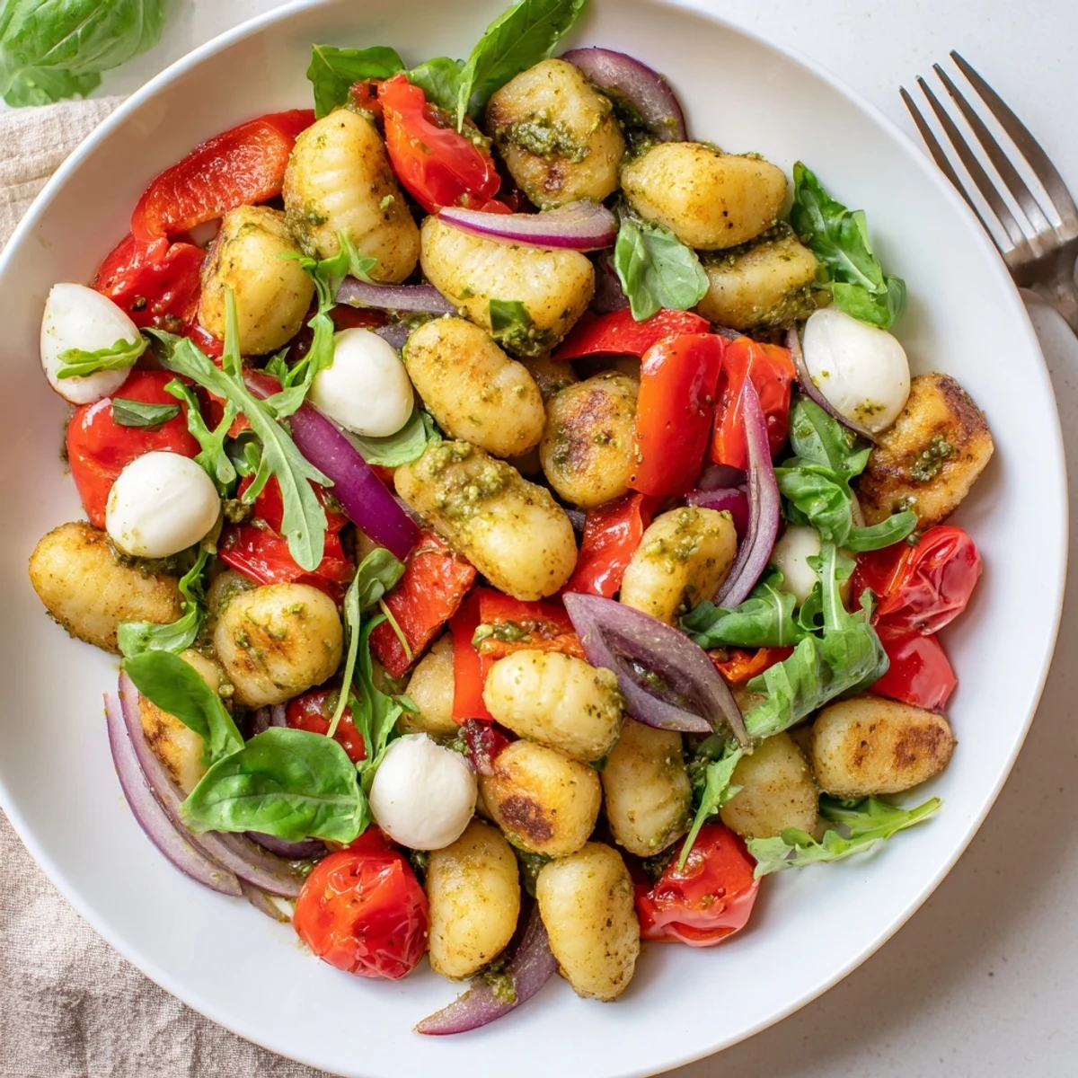 Warm Italian-inspired salad featuring roasted gnocchi, vegetables, and pesto-coated mozzarella on a rustic white bowl