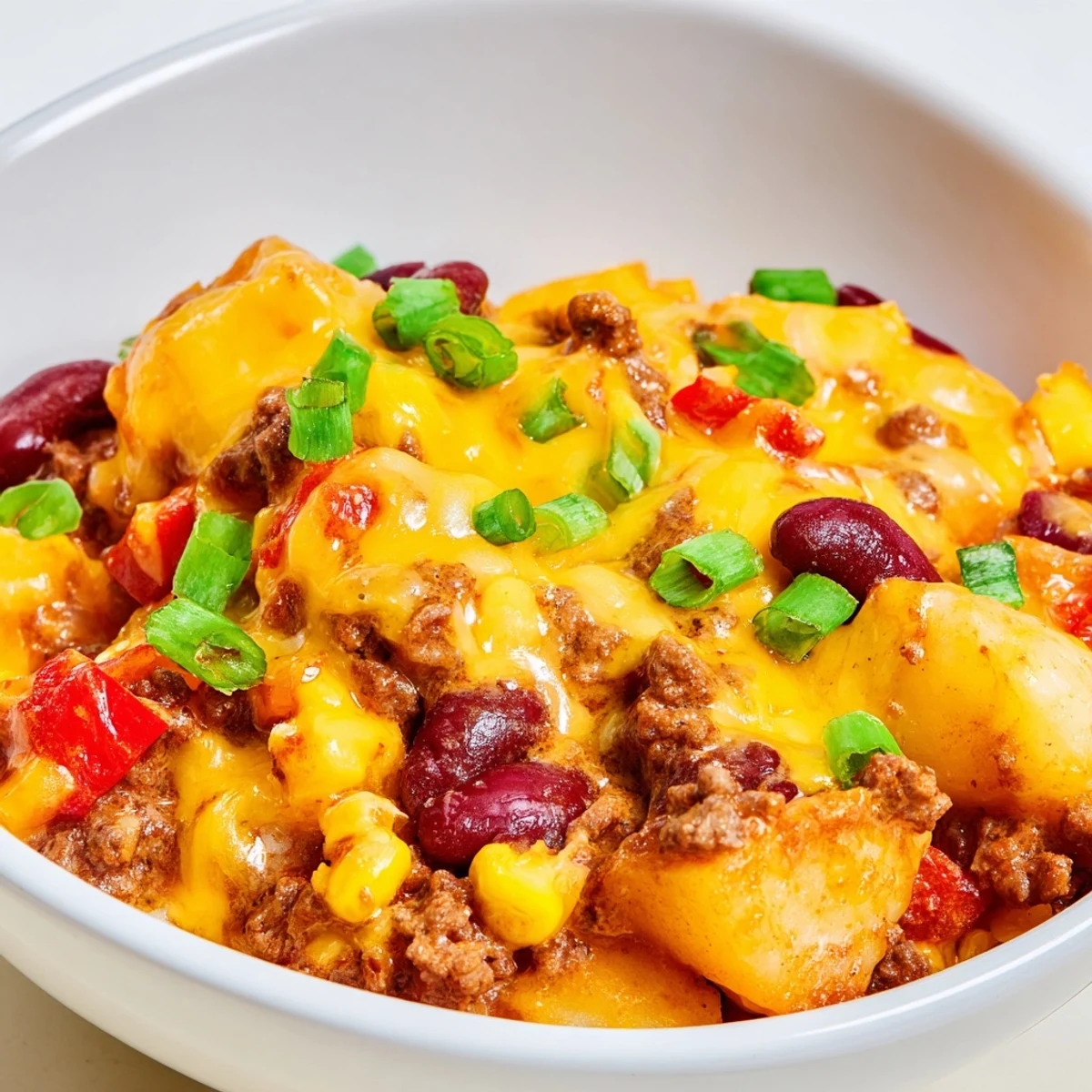 Slow cooker cowboy casserole with melted cheddar cheese over hearty ground beef and vegetables