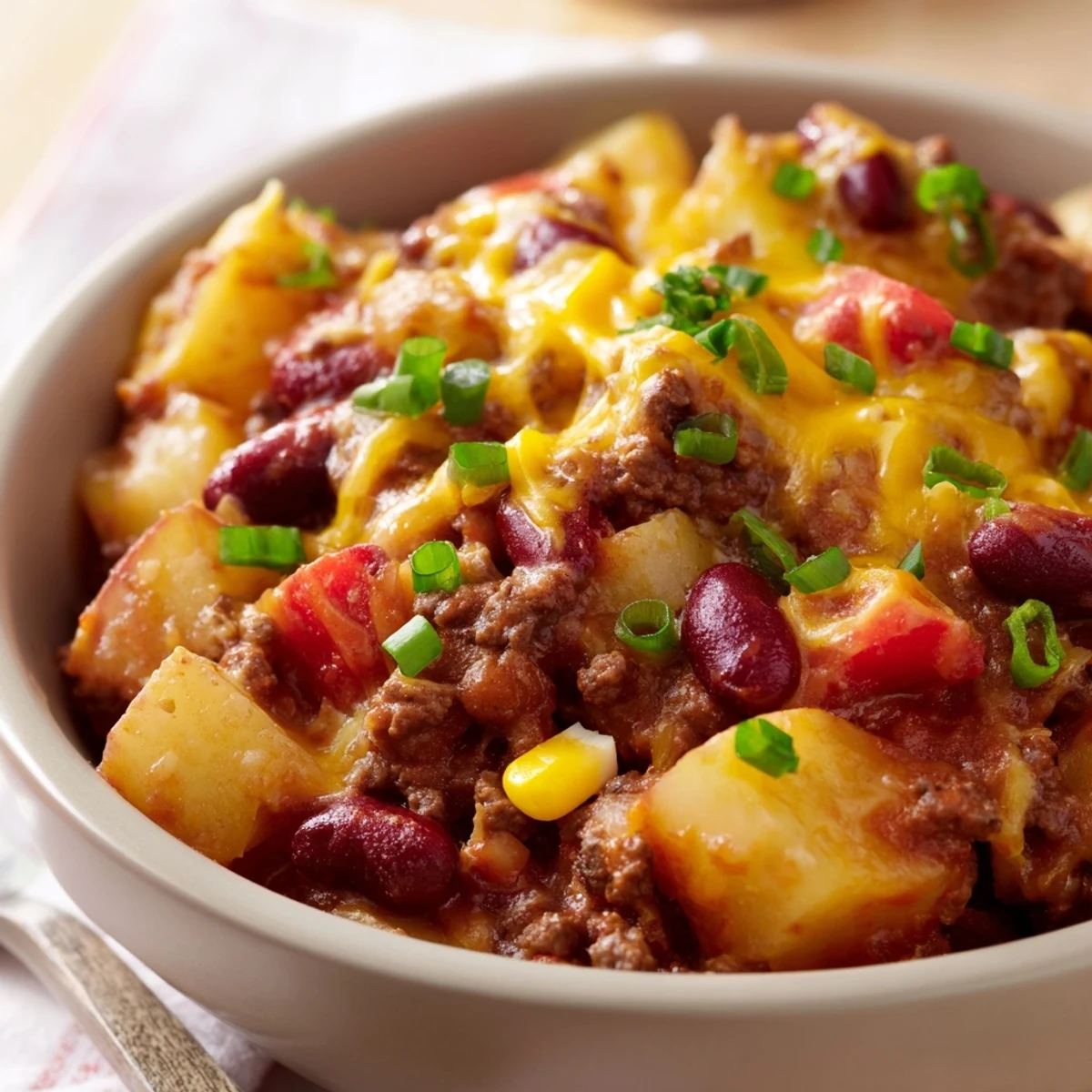 Golden potato and beef cowboy casserole bubbling in a slow cooker with rich tomato sauce