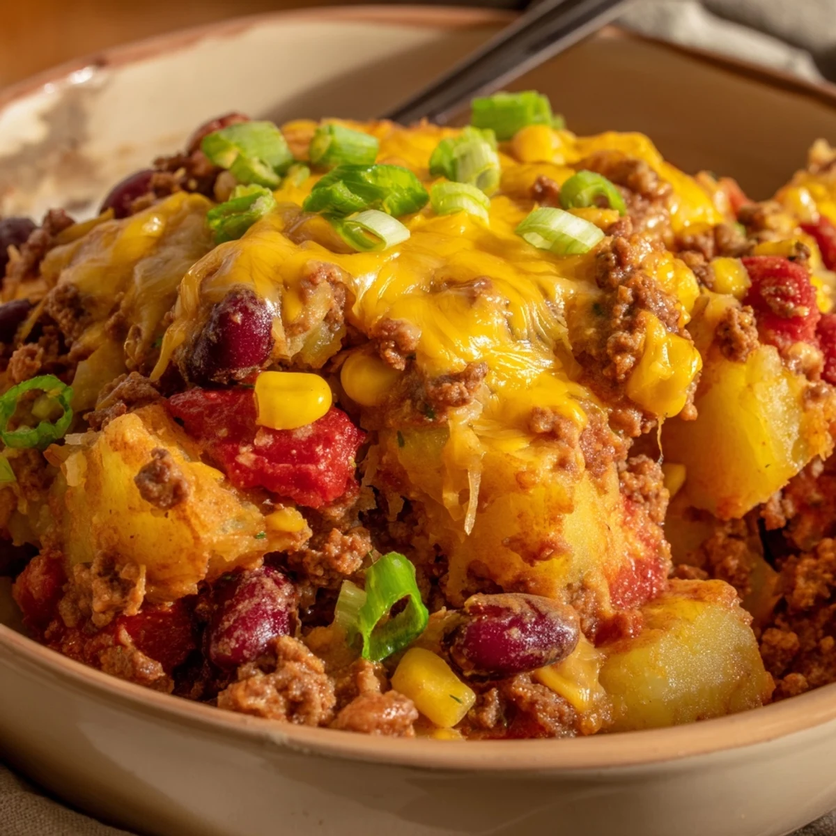 Family-style cowboy casserole featuring tender potatoes, beans, corn and ground beef in a savory broth