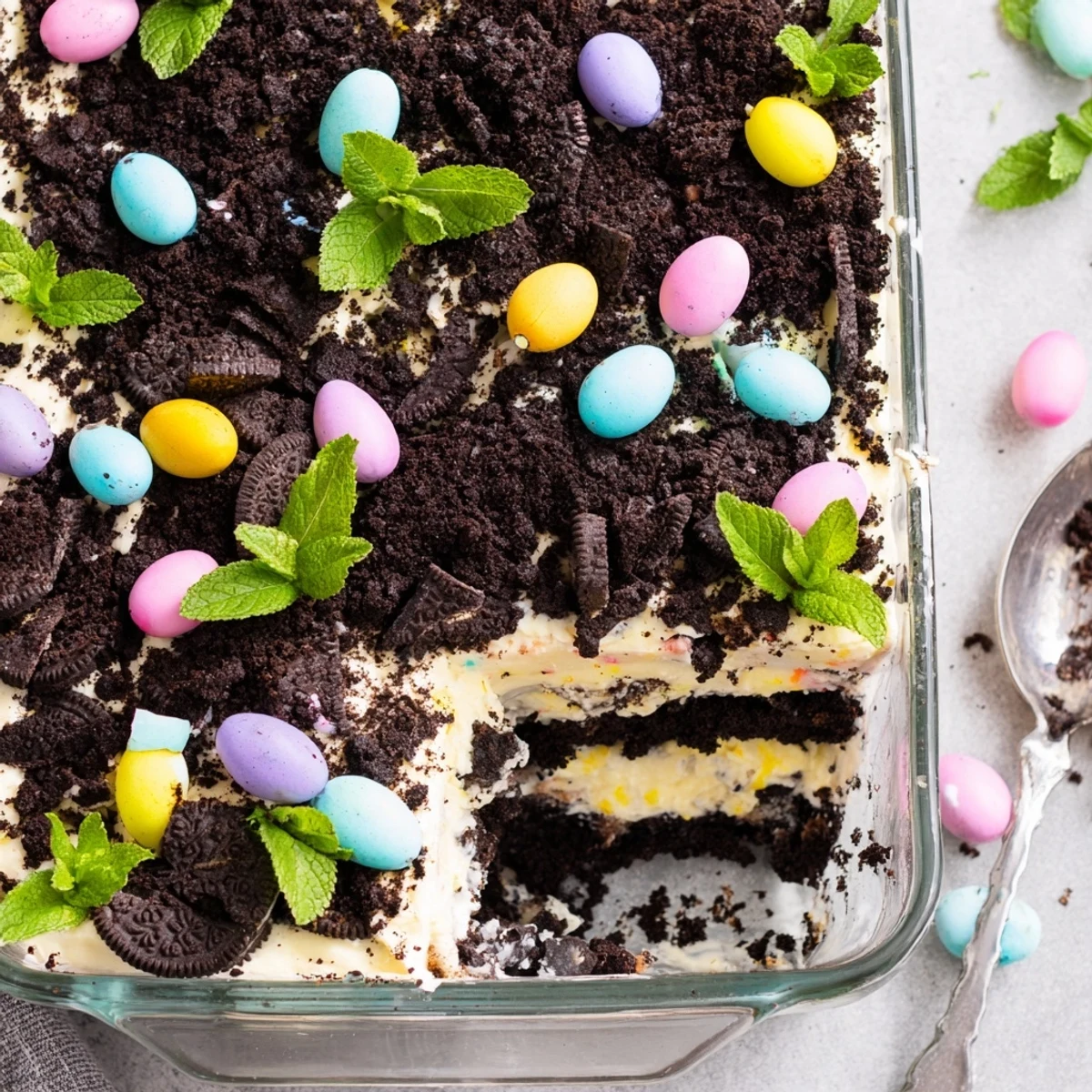 Easter dirt cake casserole layered with creamy pudding and chocolate cookie crumbs topped with pastel candies