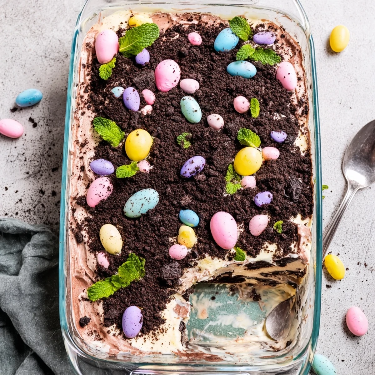 No-bake Easter dirt cake casserole in glass dish showing chocolate dirt soil with pastel chocolate eggs scattered throughout