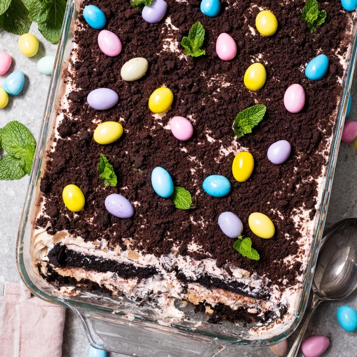 Spring dessert casserole displaying crushed Oreos vanilla pudding layers and colorful Easter egg candies arranged on top