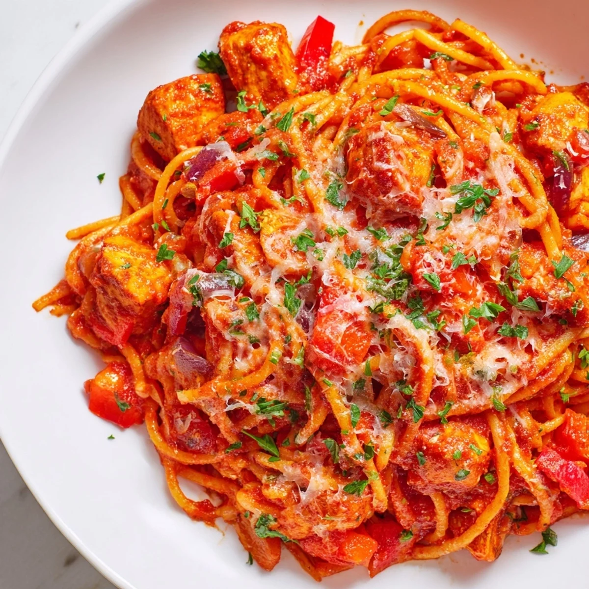 Savory Instant Pot chicken spaghetti steaming in a bowl with tender pasta and melted Parmesan cheese