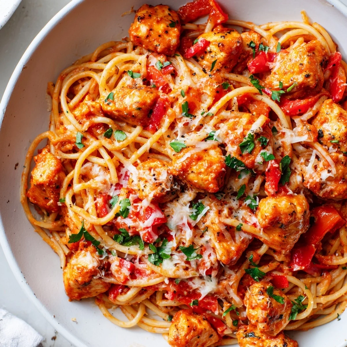 Comforting one-pot chicken spaghetti featuring juicy bites and rich tomato sauce garnished with fresh parsley