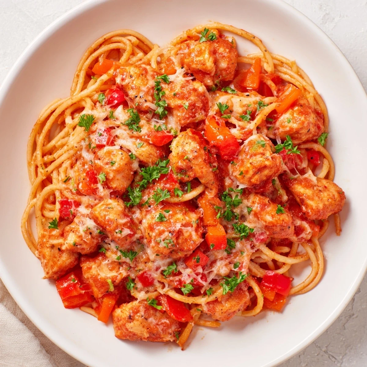 Easy Instant Pot chicken spaghetti plated with al dente noodles and chunky tomato meat sauce
