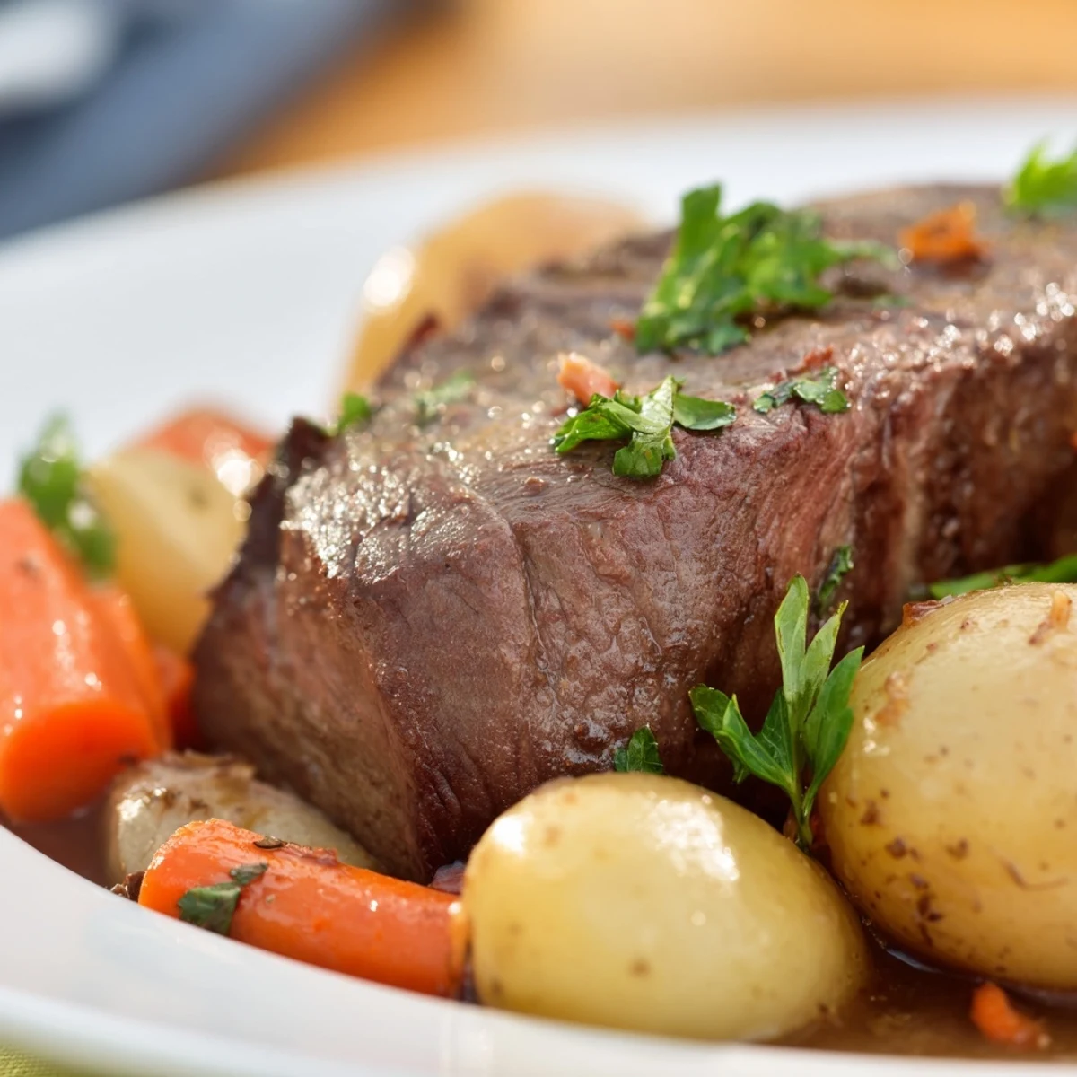 Tender slow cooker steak and potatoes served with baby carrots and fresh parsley garnish