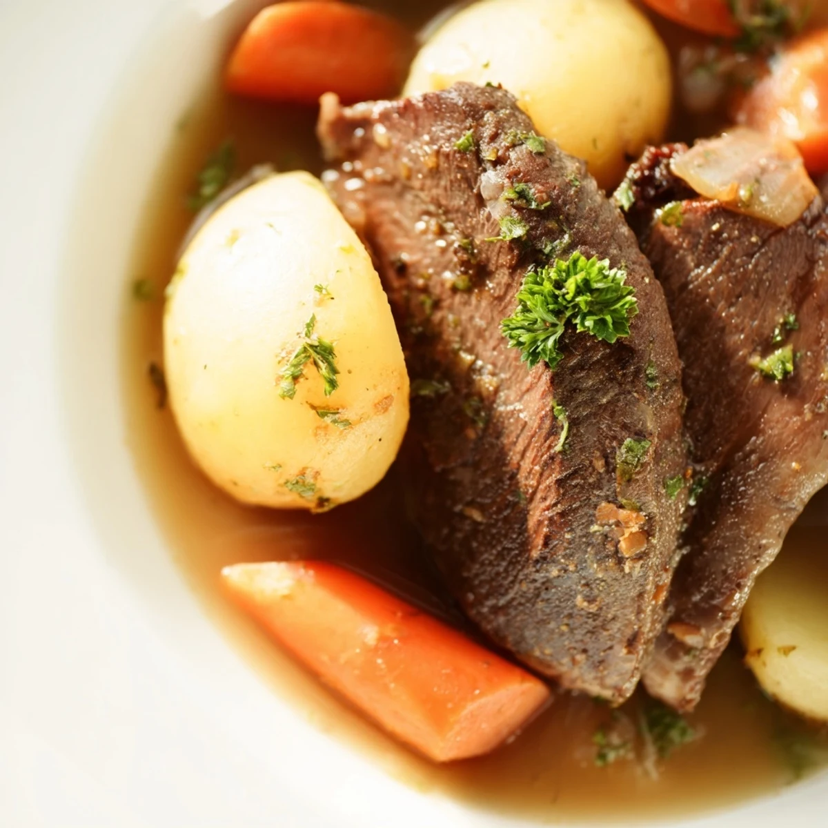 Hearty slow cooker steak and potatoes in a rich beef broth with tender vegetables
