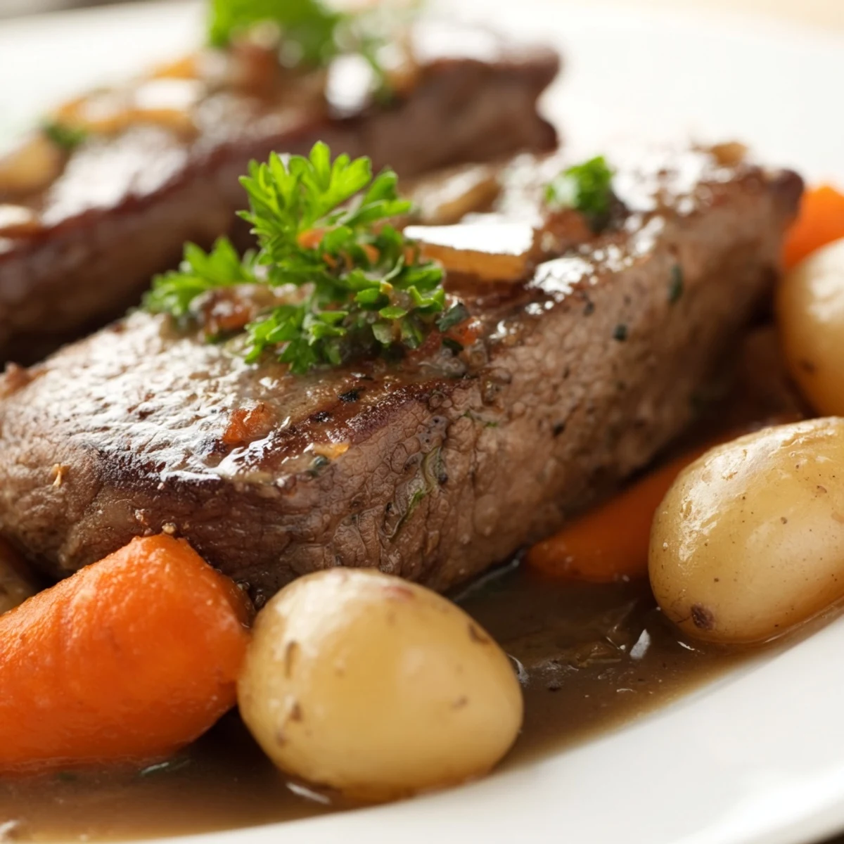 Golden seared beef slow cooker steak and potatoes with buttery baby potatoes and onions