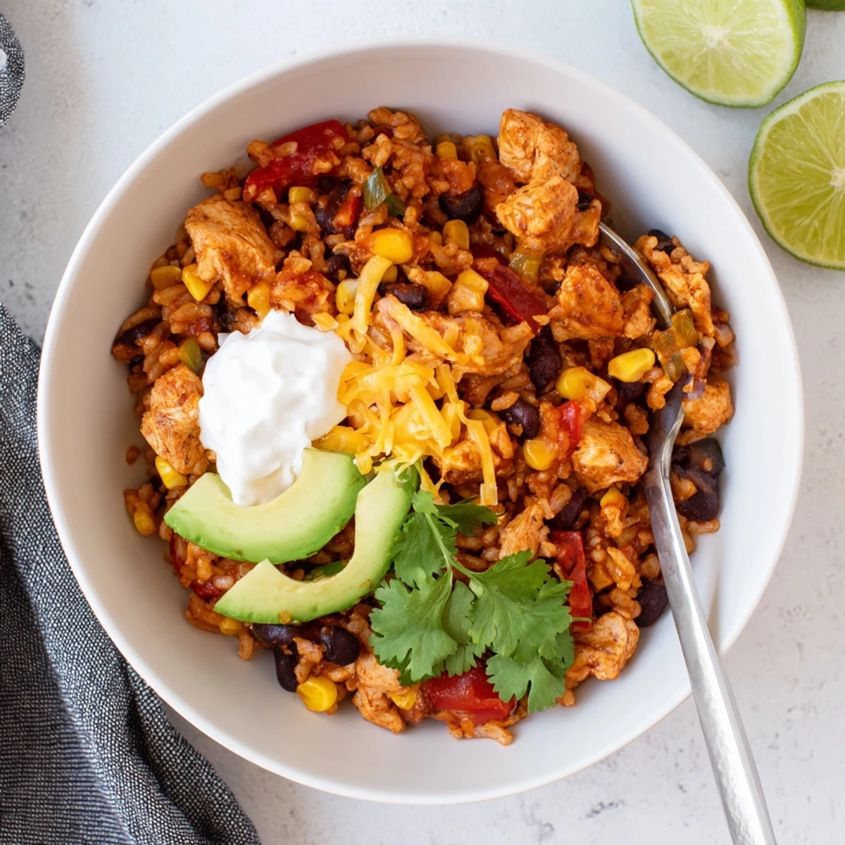 Steaming Instant Pot chicken burrito bowls topped with melted cheese, creamy avocado, and fresh cilantro garnish