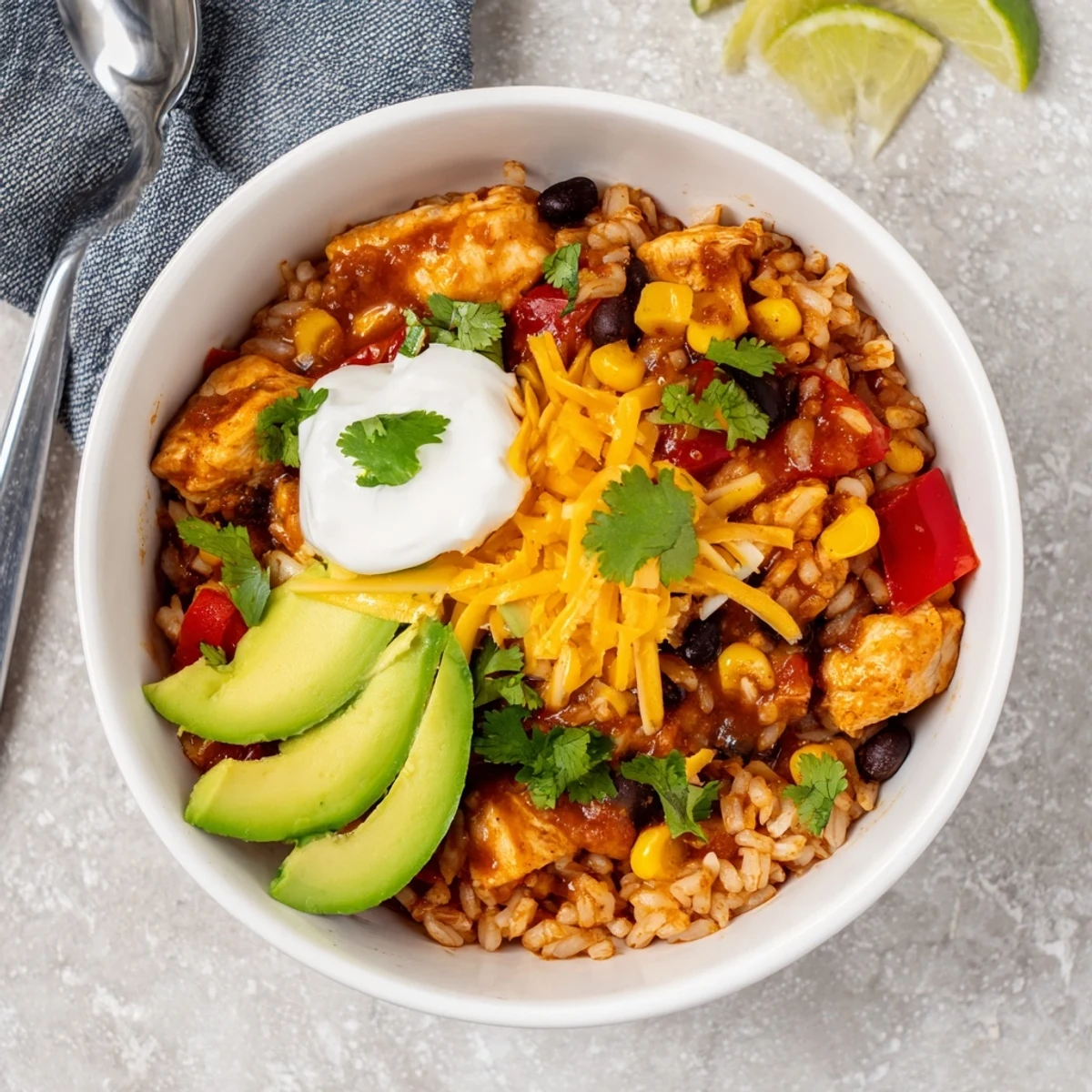 Colorful chicken burrito bowl featuring tender seasoned meat, fluffy rice, black beans, and vibrant vegetables