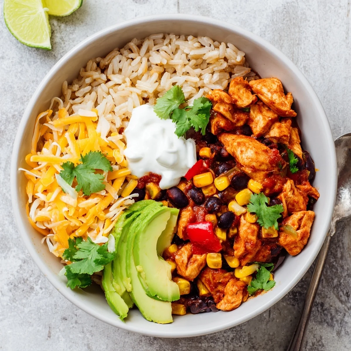 Hearty Instant Pot chicken burrito bowls served with sour cream, lime wedges, and shredded cheddar cheese