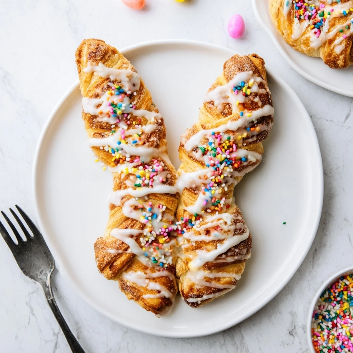 Fluffy cinnamon sugar bunny-shaped pastry twists arranged on a white serving plate for Easter brunch