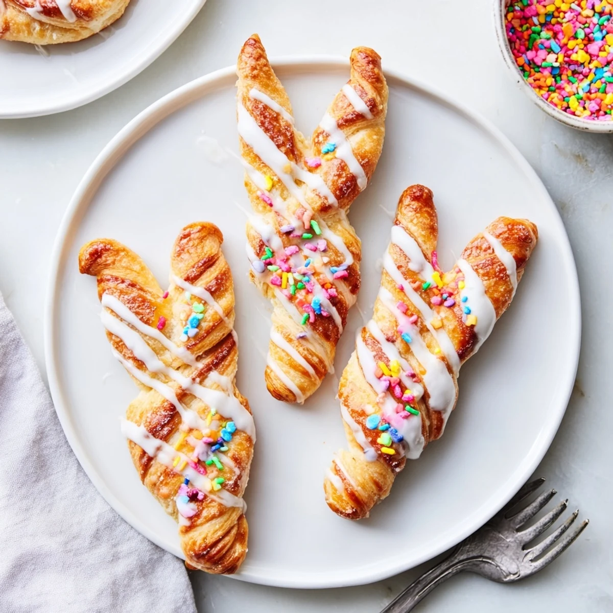 Warm Easter Bunny Twists with bunny ear shapes and sweet glaze on parchment paper