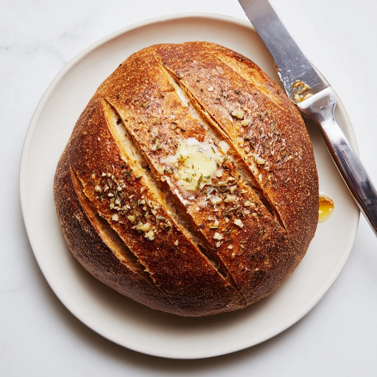 Rustic artisan loaf infused with aromatic garlic and herbs, baked to perfection