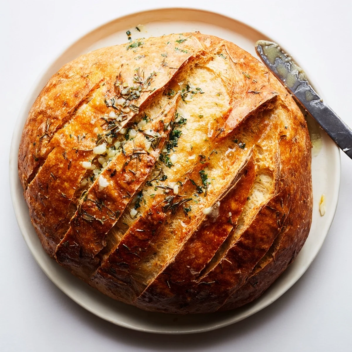 Freshly baked garlic herb Dutch oven bread with golden crust and tender crumb