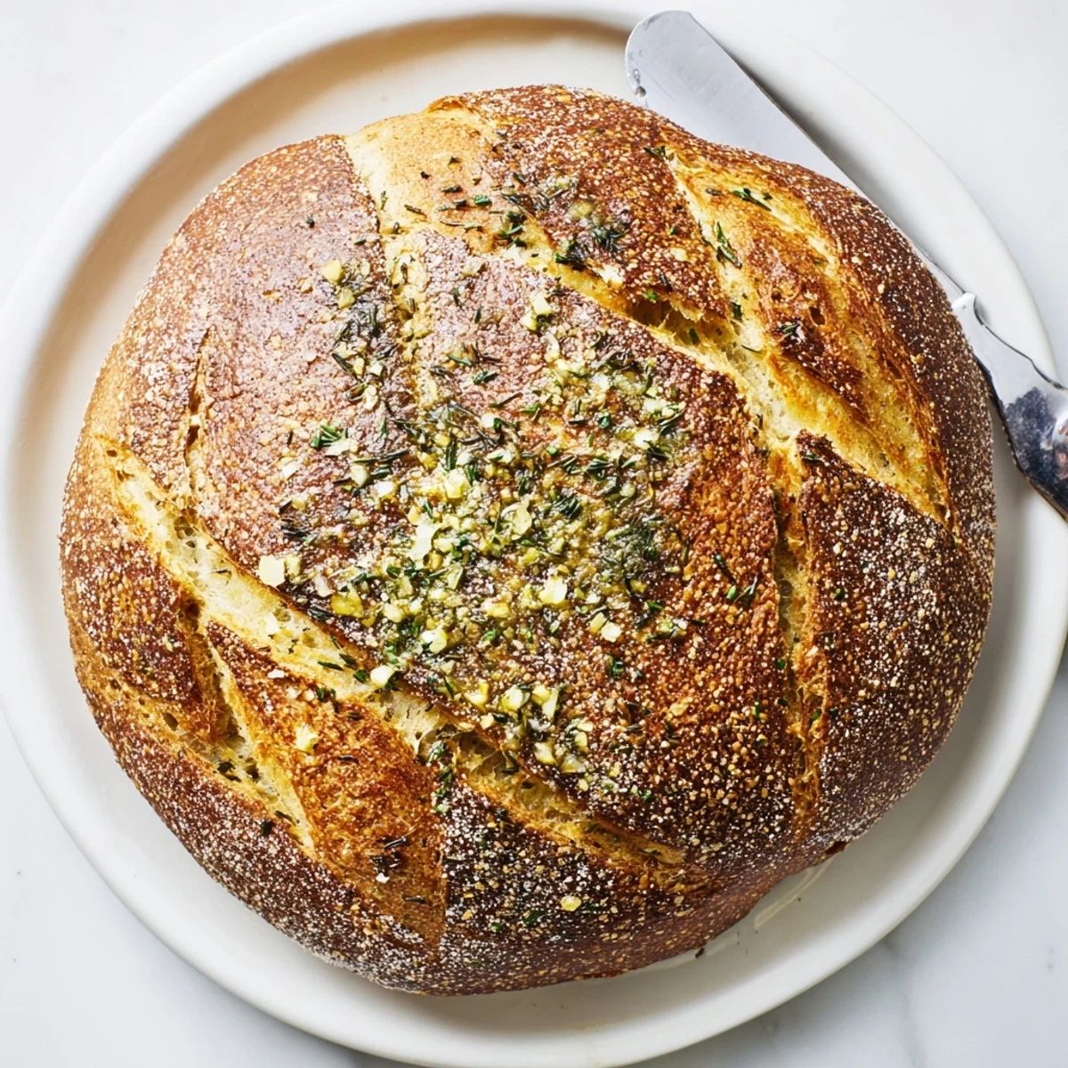 Warm garlic herb Dutch oven bread brushed with butter and sprinkled with parsley
