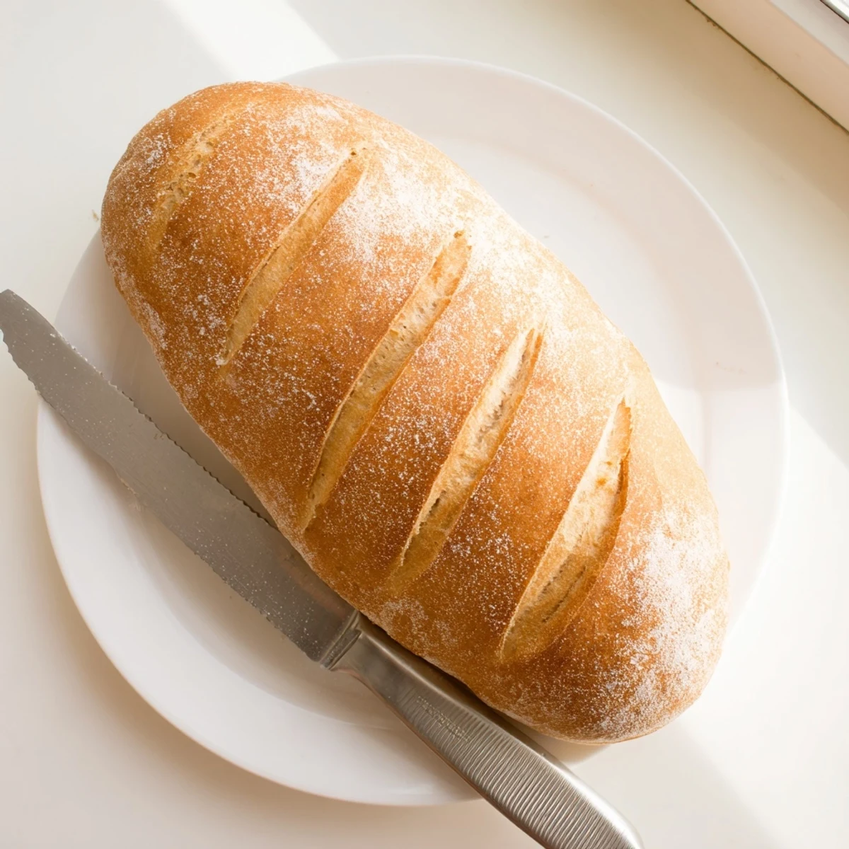 Freshly baked crusty Italian bread sliced thick revealing the chewy soft interior texture