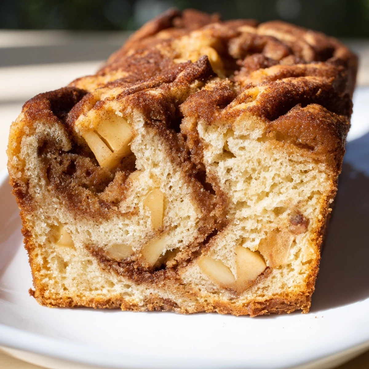 Golden cinnamon apple bread loaf with marbled sugar swirl and diced apple pieces