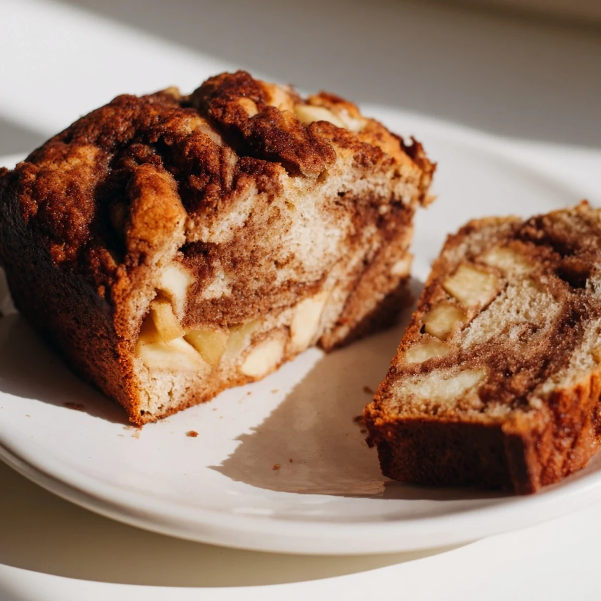 Moist homemade cinnamon apple bread sliced on a wooden board with scattered cinnamon