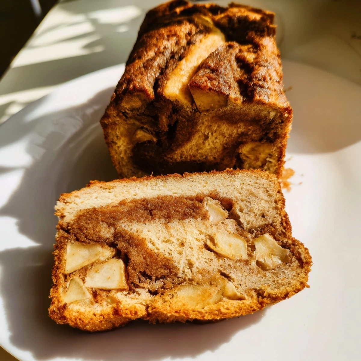 Freshly baked cinnamon apple bread with glistening cinnamon sugar topping and tender apple chunks