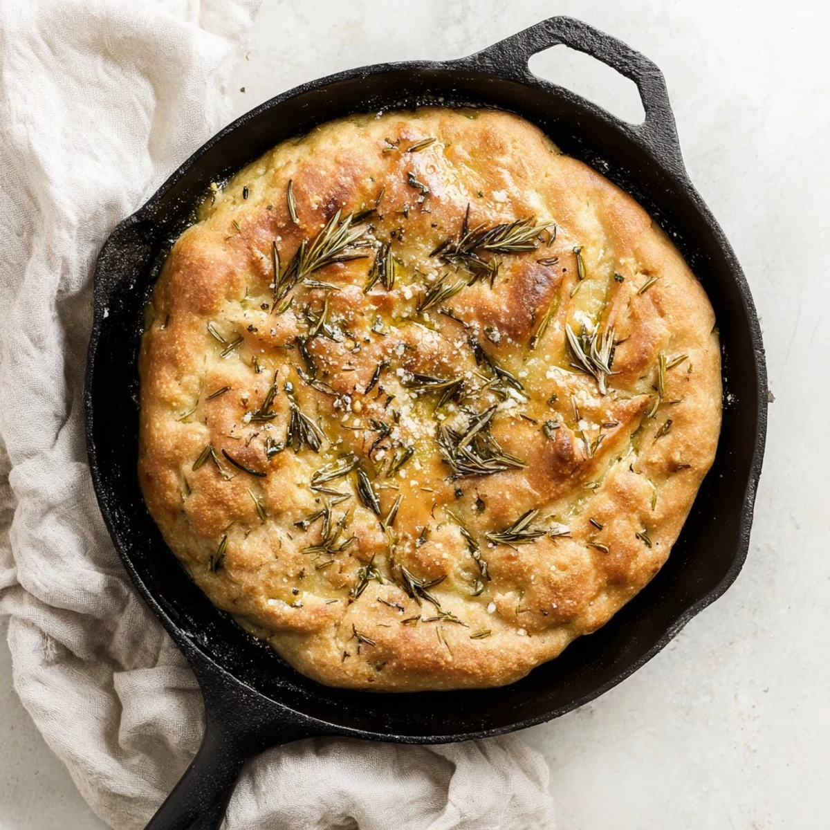 Golden rustic garlic rosemary skillet bread with a perfectly browned crust and flaky sea salt topping, fresh from the oven