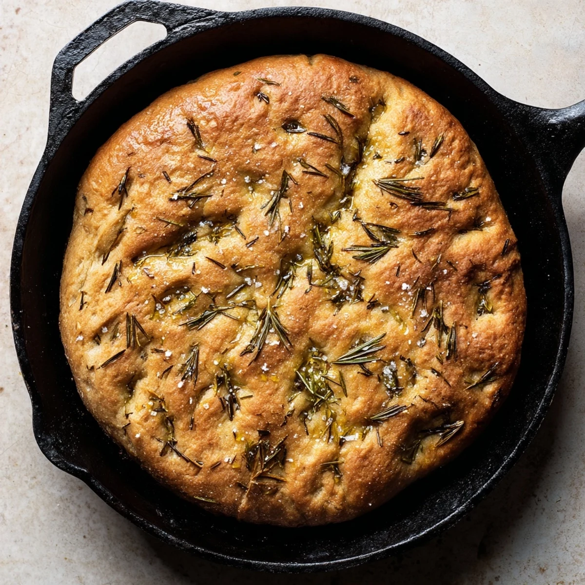 Warm artisan skillet bread infused with fragrant roasted garlic and rosemary, sliced to reveal the chewy interior