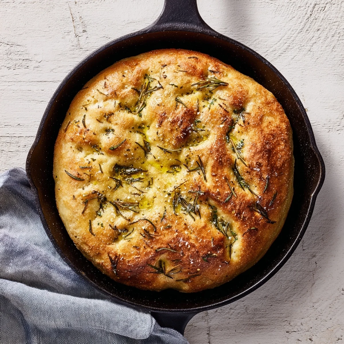 Cast iron skillet bread scattered with fresh rosemary sprigs, golden edges, and a generous dusting of coarse salt