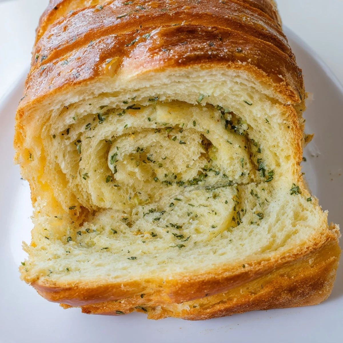Golden garlic and herb bread loaf fresh from the oven with melted butter infusion
