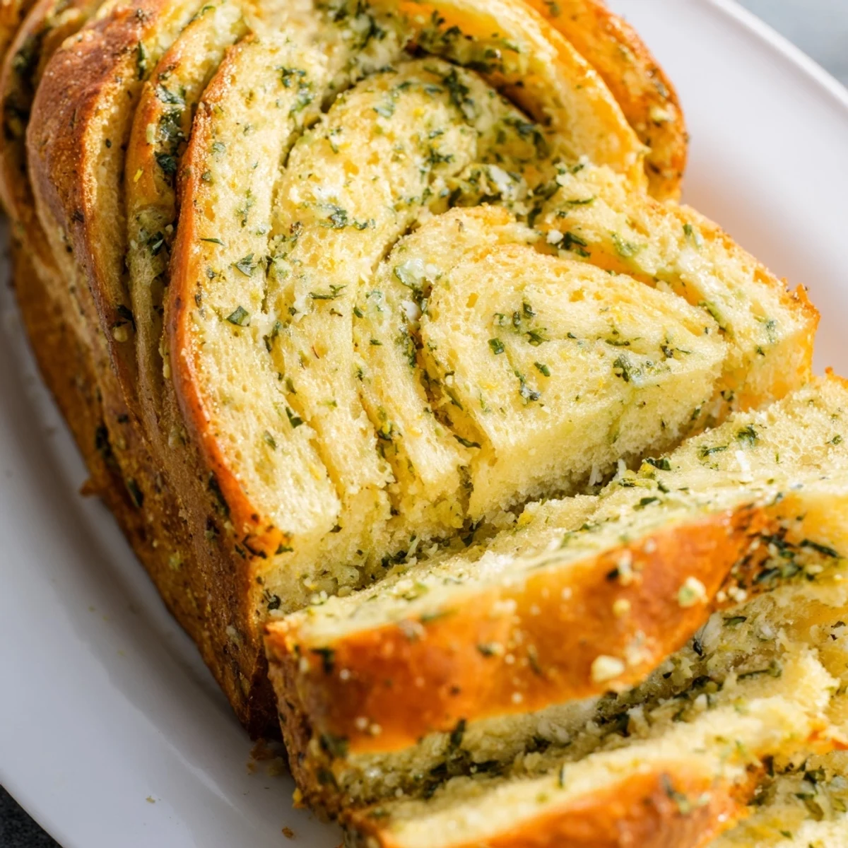 Savory garlic and herb bread sliced warm revealing fluffy interior and aromatic fresh herbs