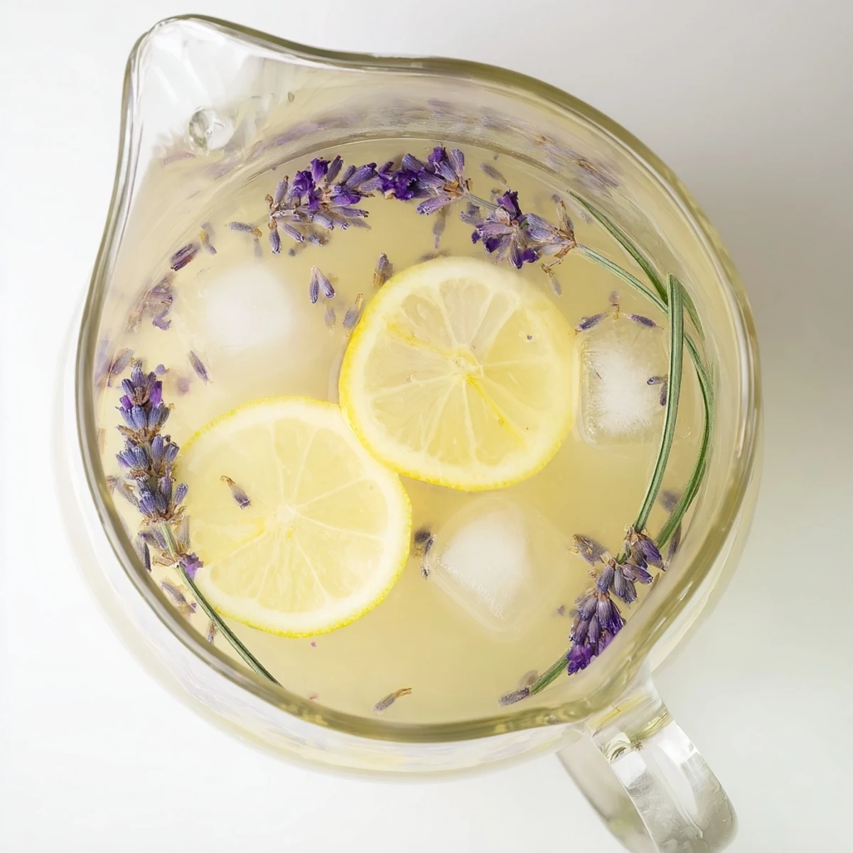 Glass pitcher of lavender lemonade garnished with fresh lemon slices and sprigs on wooden table
